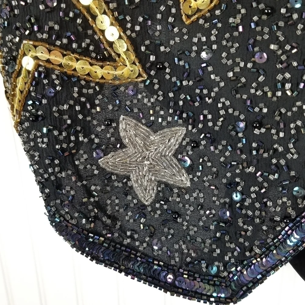 Amanda Smith Pure Silk Sequin Beaded Vest Size Large Stars Metallic Event Party